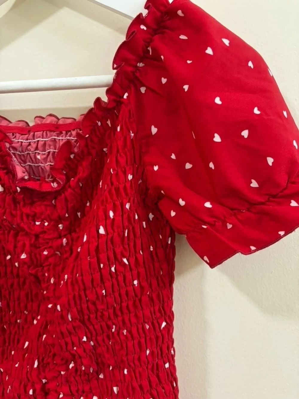 Red Smocked Heart Print Off the Shoulder Ruched Mini Dress Medium Valentine